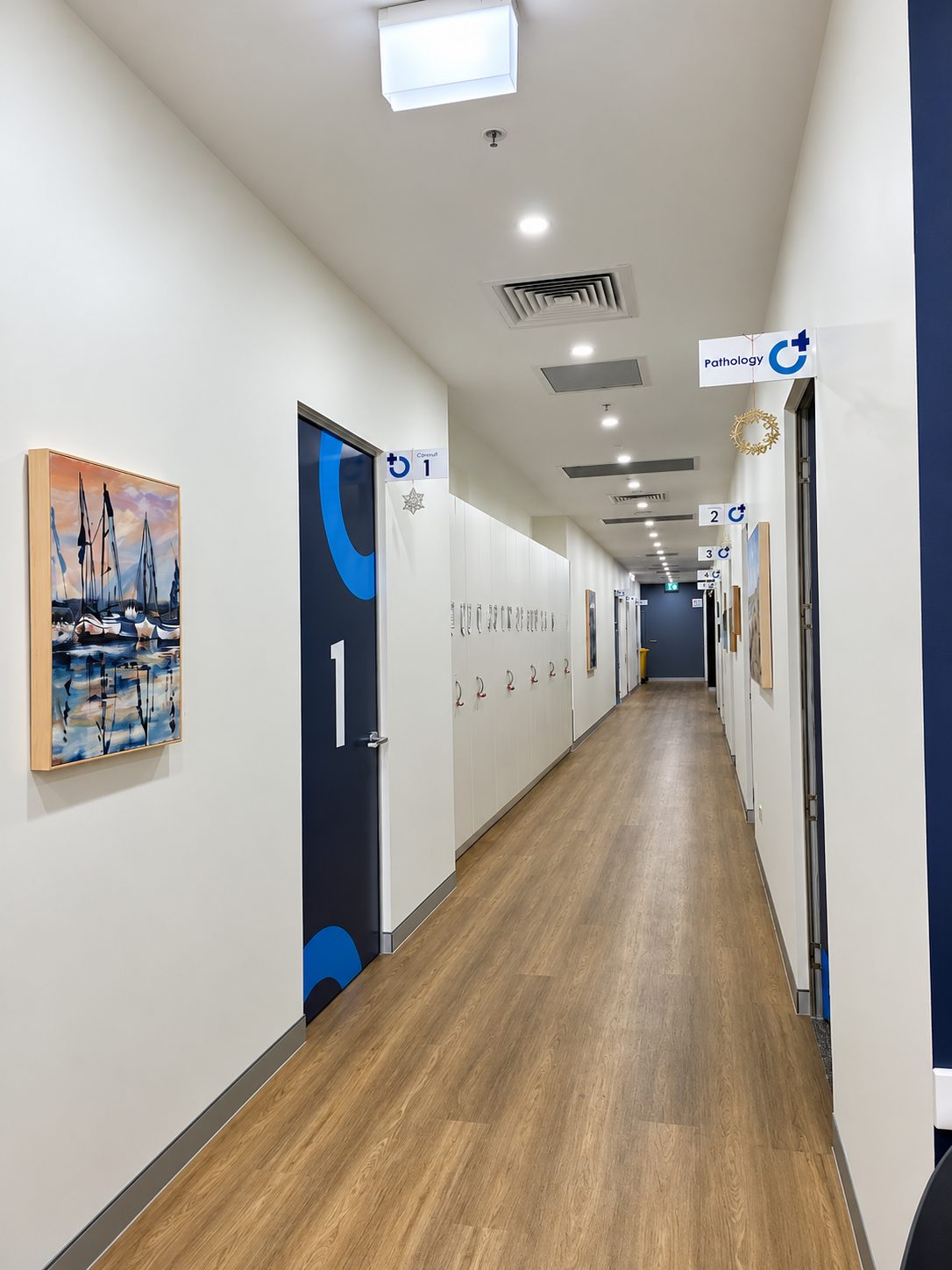 The corridor of consulting rooms and on-site pathology at Salamander Bay Doctors