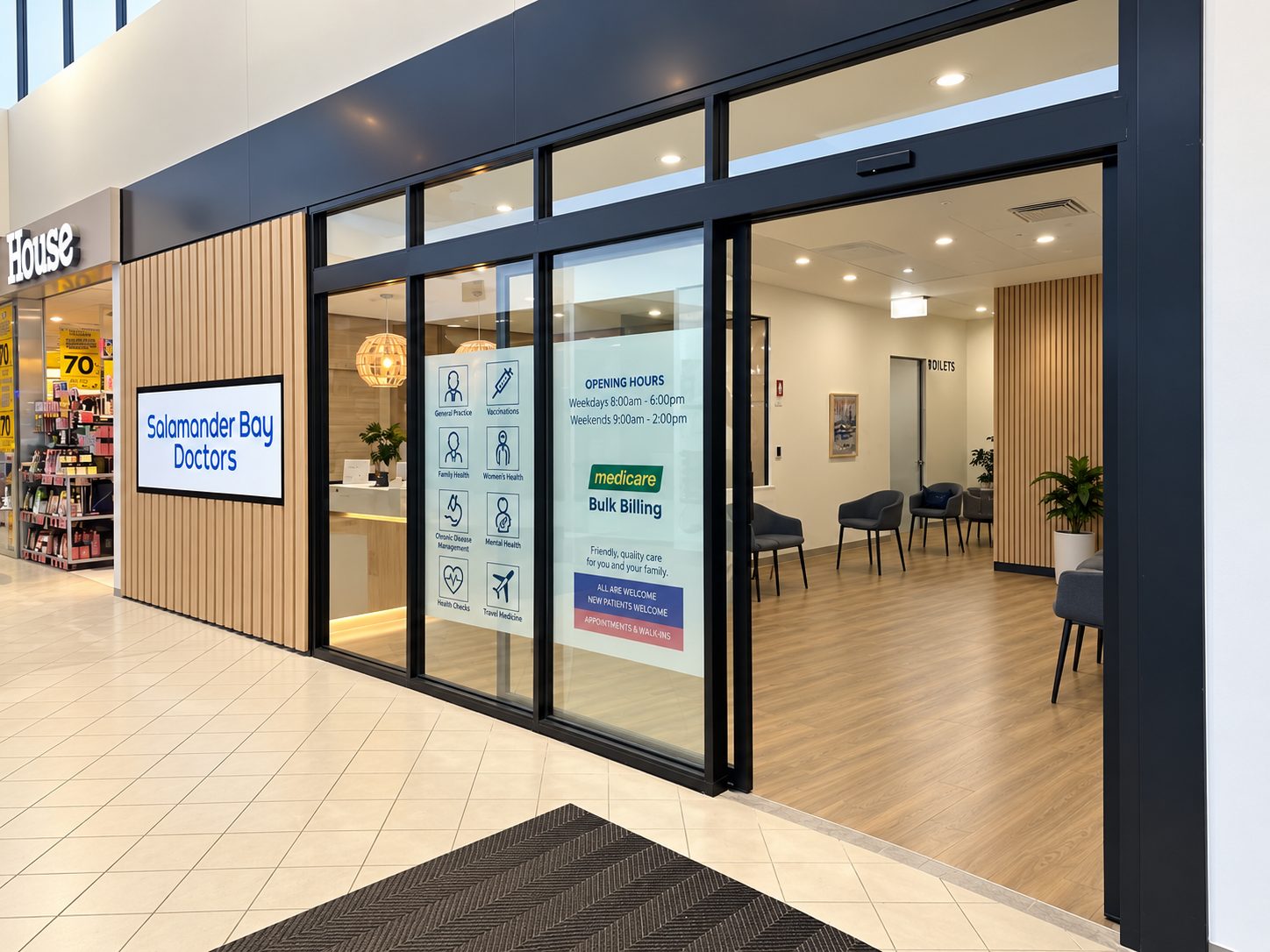 The Salamander Bay Doctors entrance inside Salamander Bay Shopping Centre, next to House