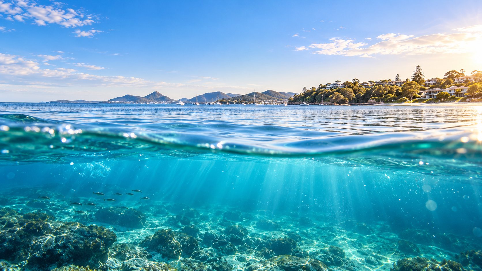 Salamander Bay, Port Stephens — clear water above and below the surface, with the headlands and moored yachts beyond